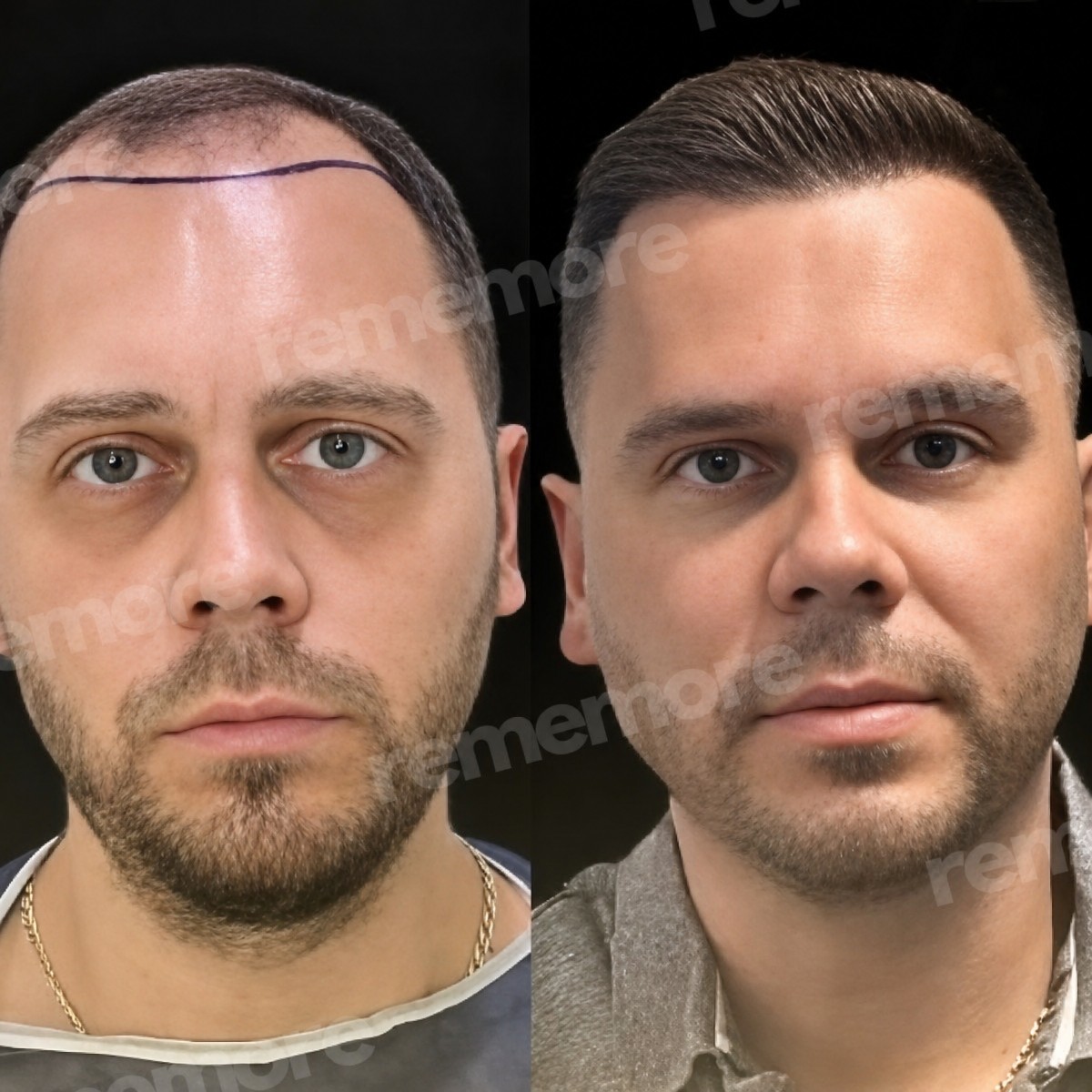 Before and after FUE hair transplant results at Memorial Antalya Hospital, restored hairline