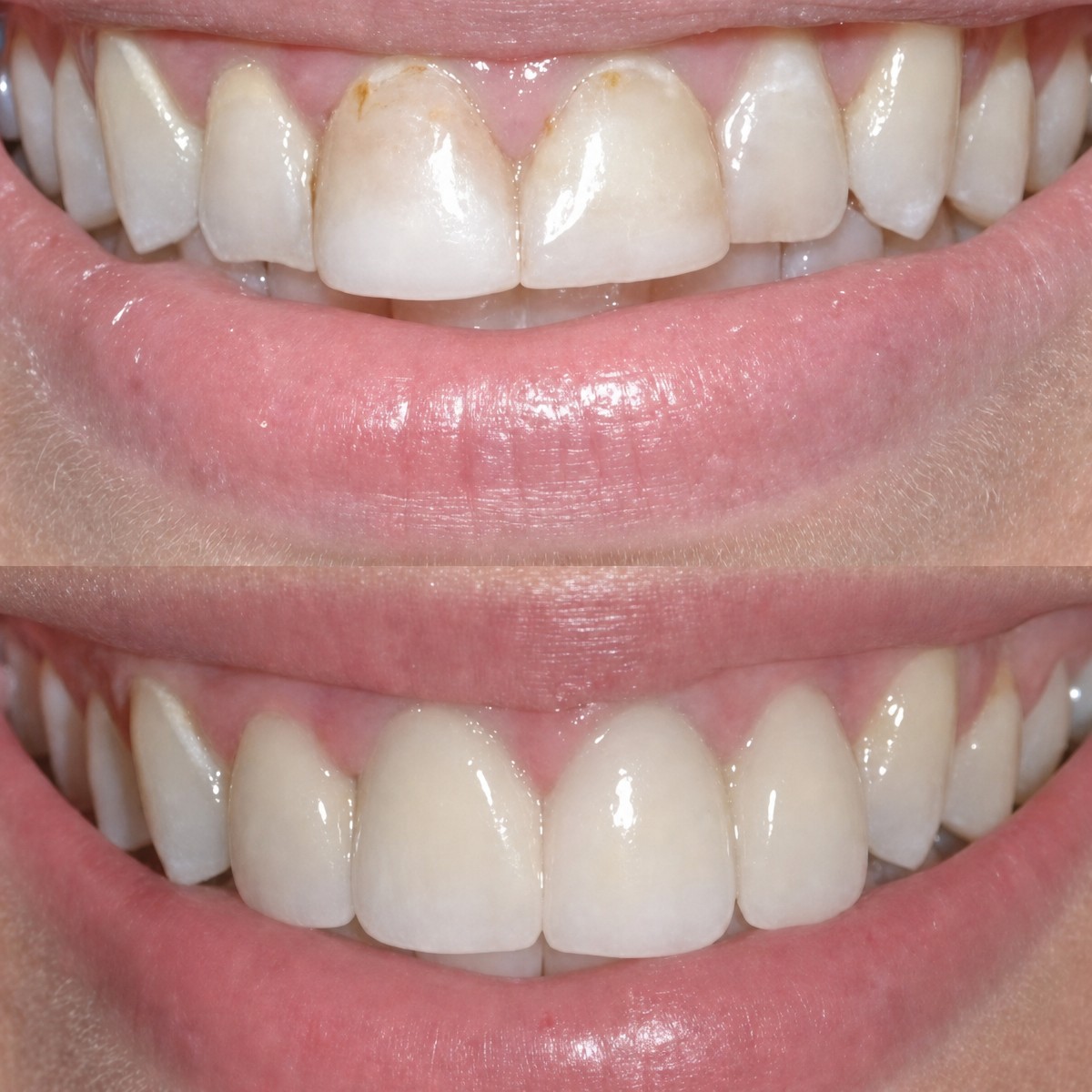 Before and after teeth cleaning at Deezy Dental Home – visible stain removal and whiter teeth result