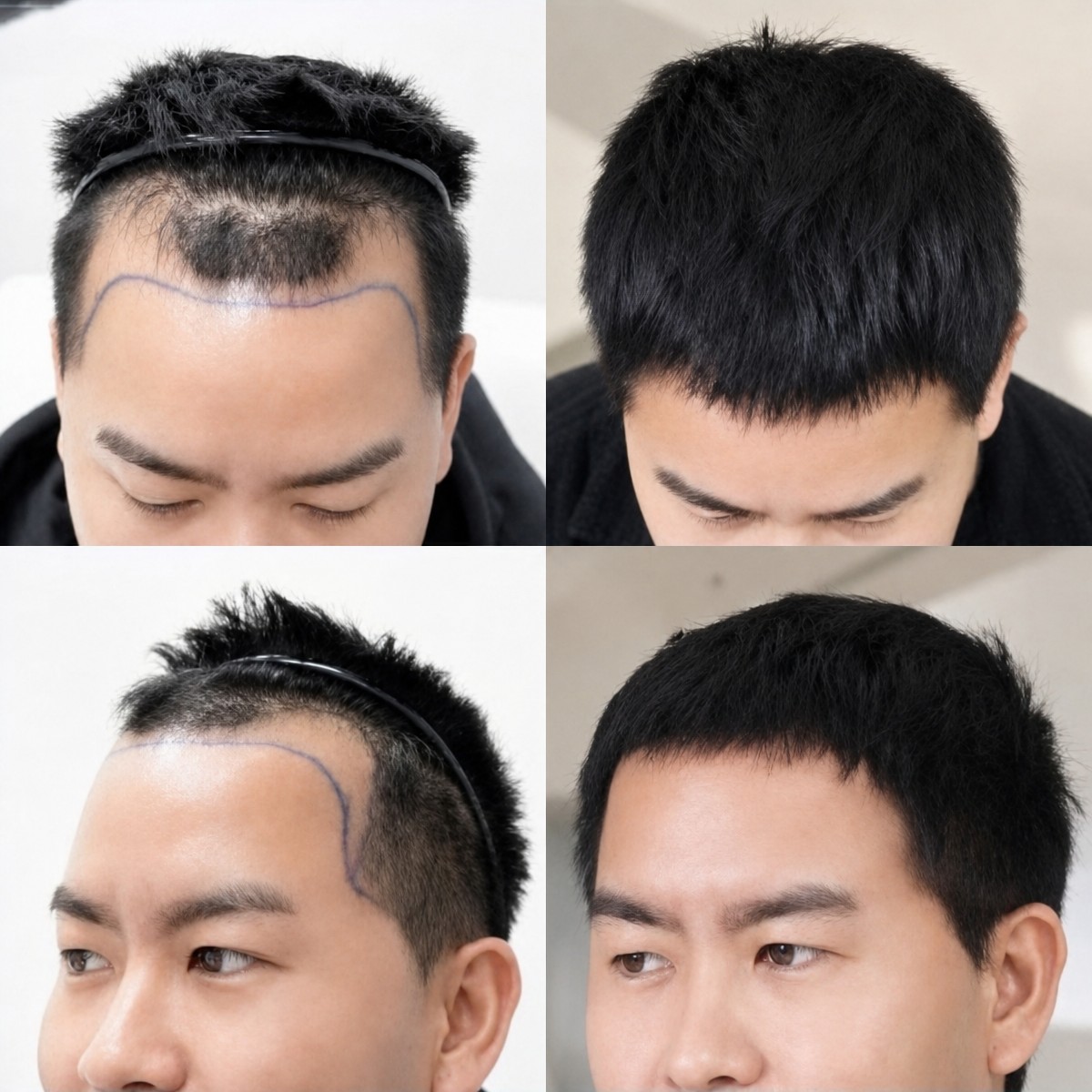 Before and after hair transplant results at Wansiri Hospital, restored hairline and density