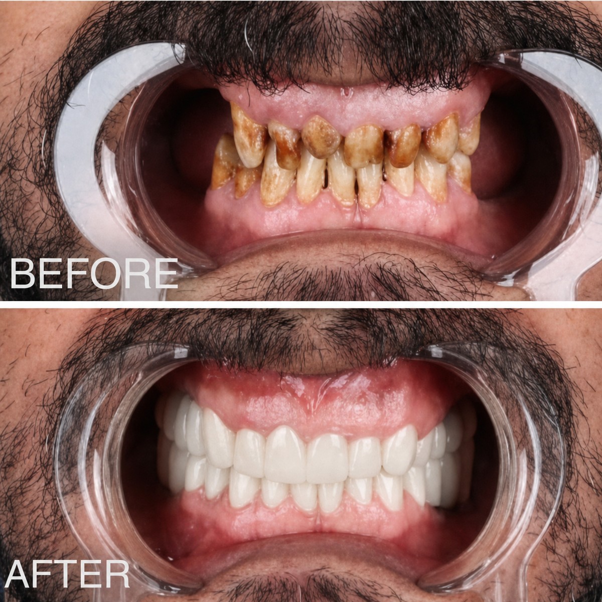 Resultados antes y después de Hollywood Smile en CE International Hospital, transformación con carillas
