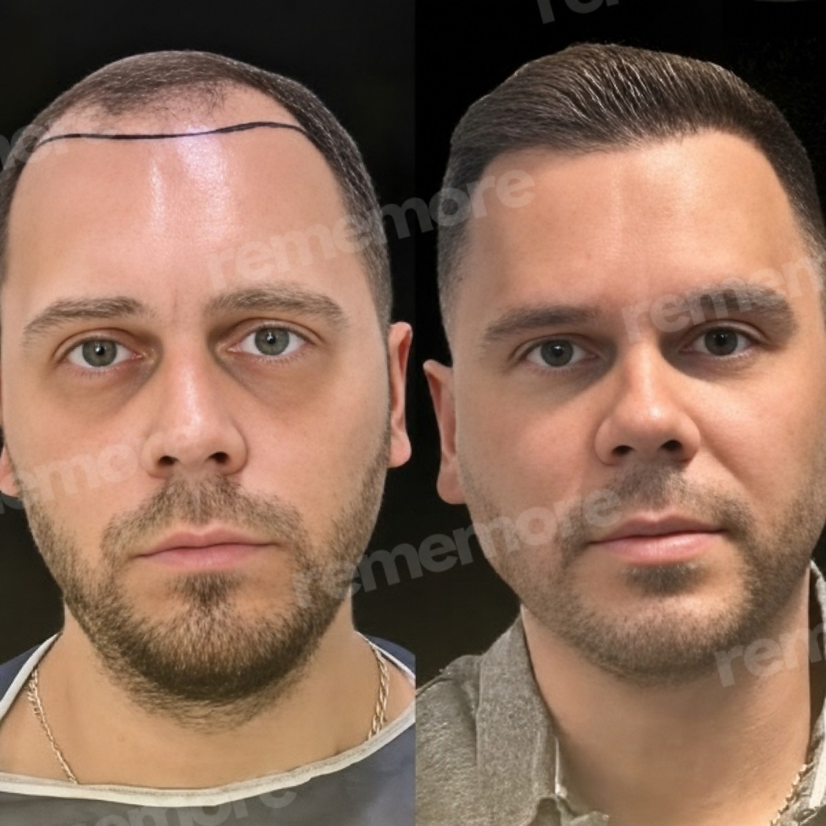 Before and after hair transplant results at Memorial Antalya Hospital, restored hairline in male