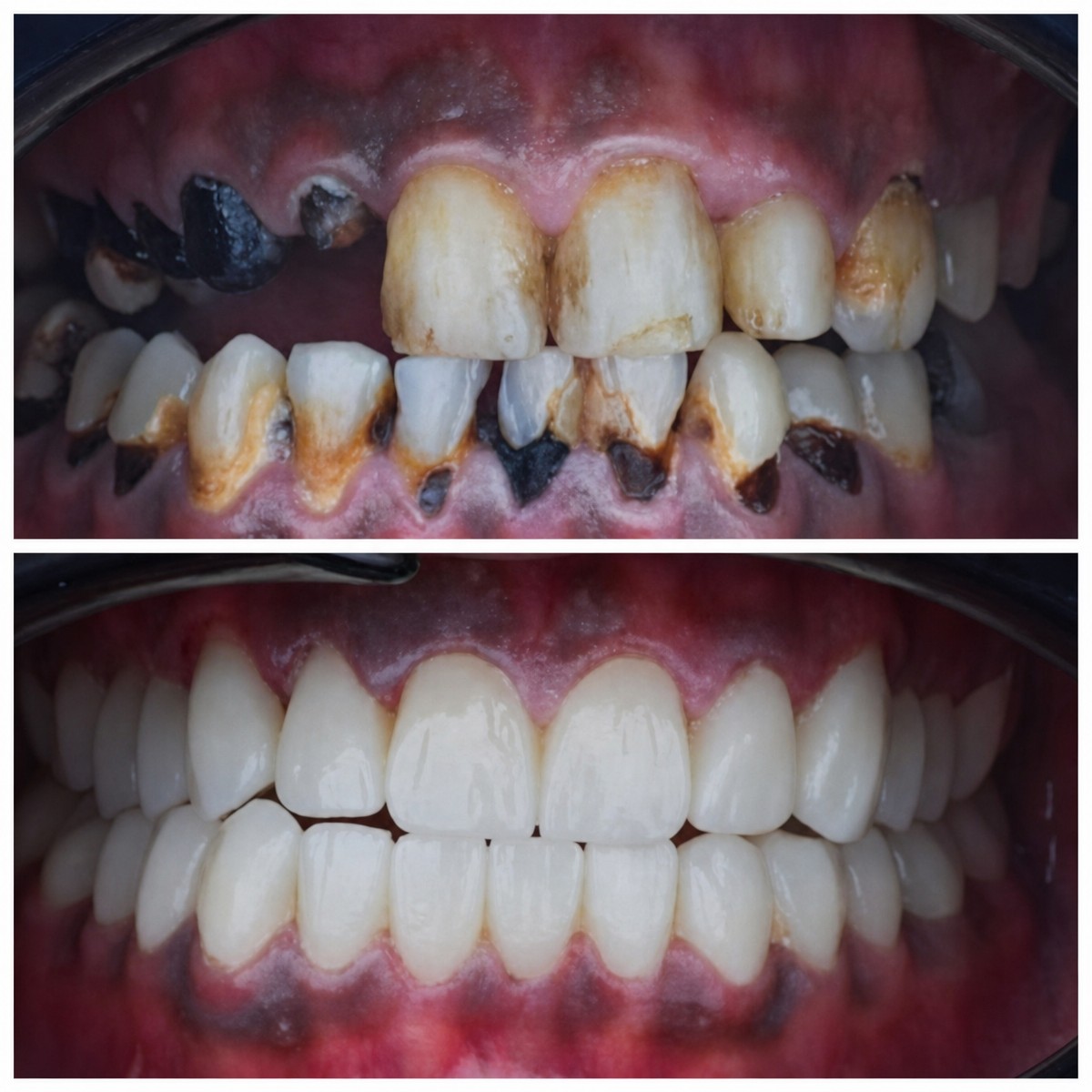 Before and after zirconia crown installation results at Omara Dental Centers, smile restoration