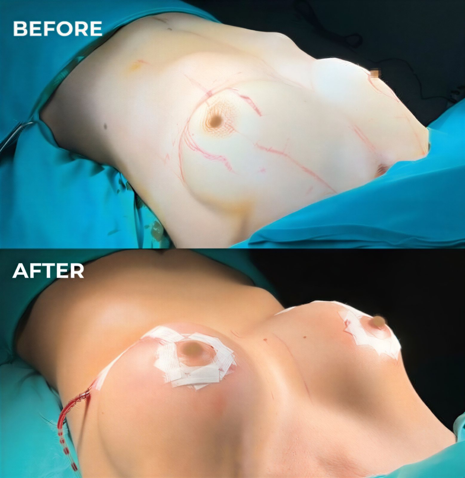 Antes y después de mastopexia con implantes redondos en Memorial Bahçelievler Hospital, resultado
