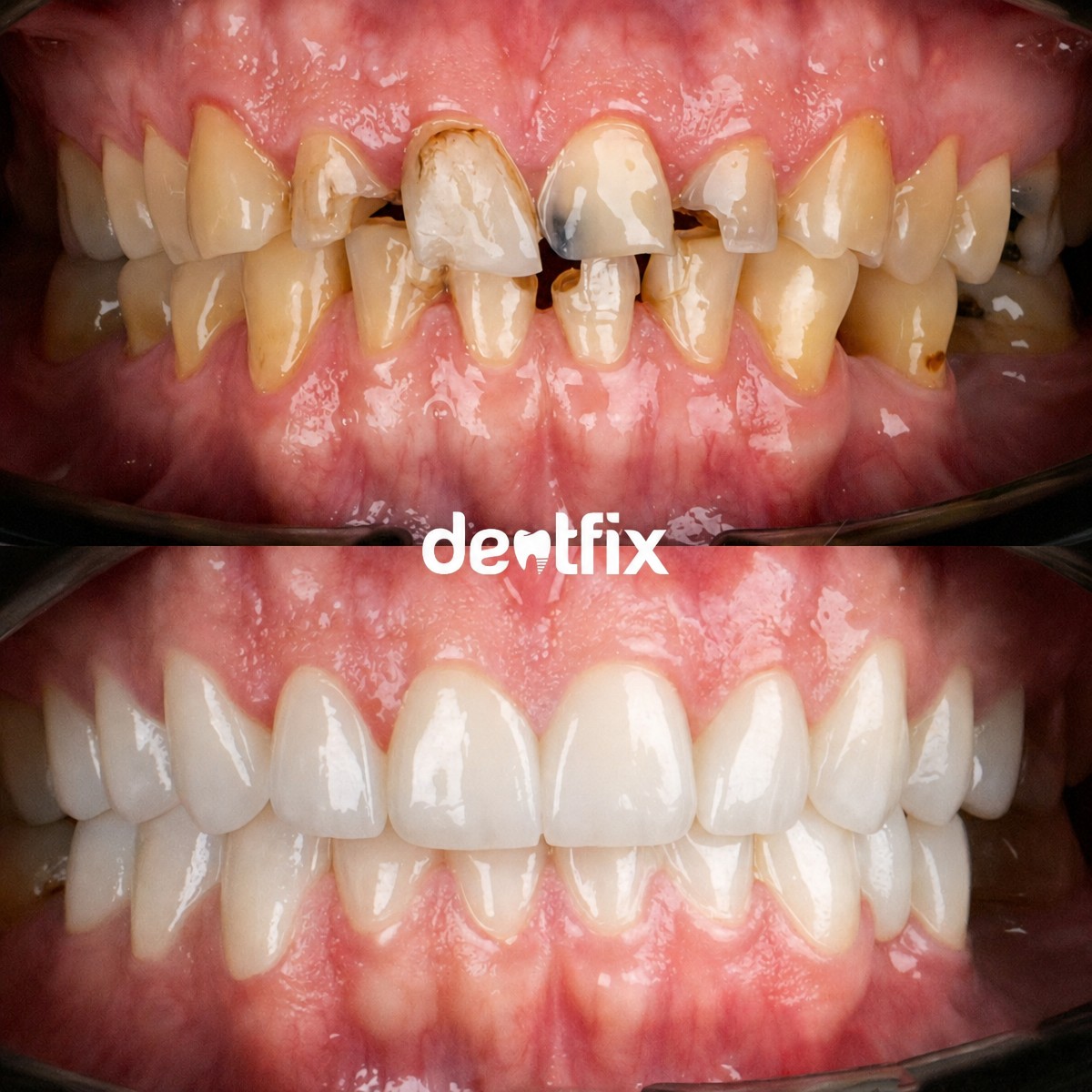 نتائج قبل وبعد تركيب تيجان الزركونيا في Dentfix Turkey Clinic – استعادة الابتسامة