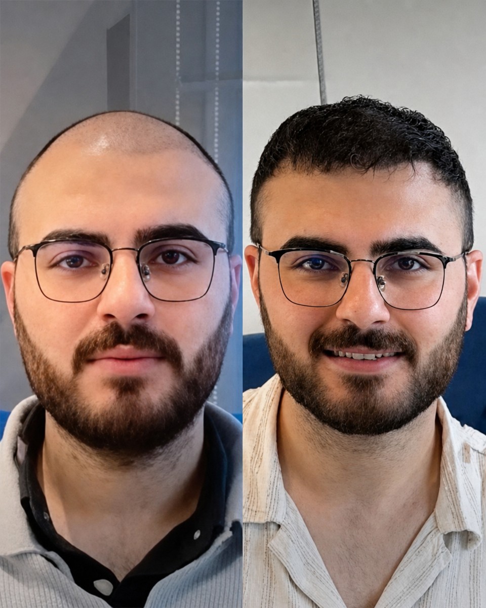 Before and after FUE hair transplant results at Men's Health Clinics, restored hairline in male