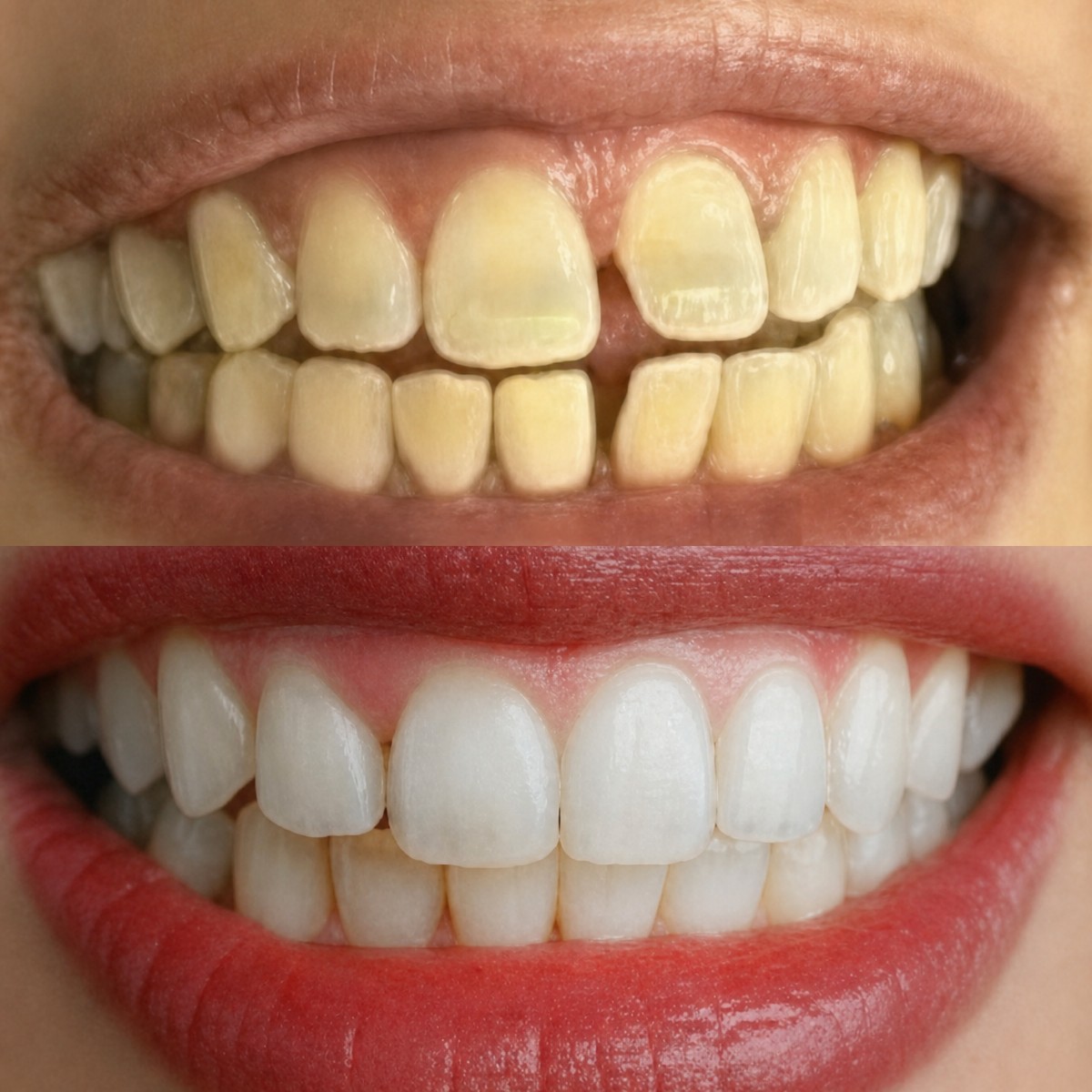 Résultats avant et après Hollywood Smile à Excelentis Dental Center, dents blanches alignées