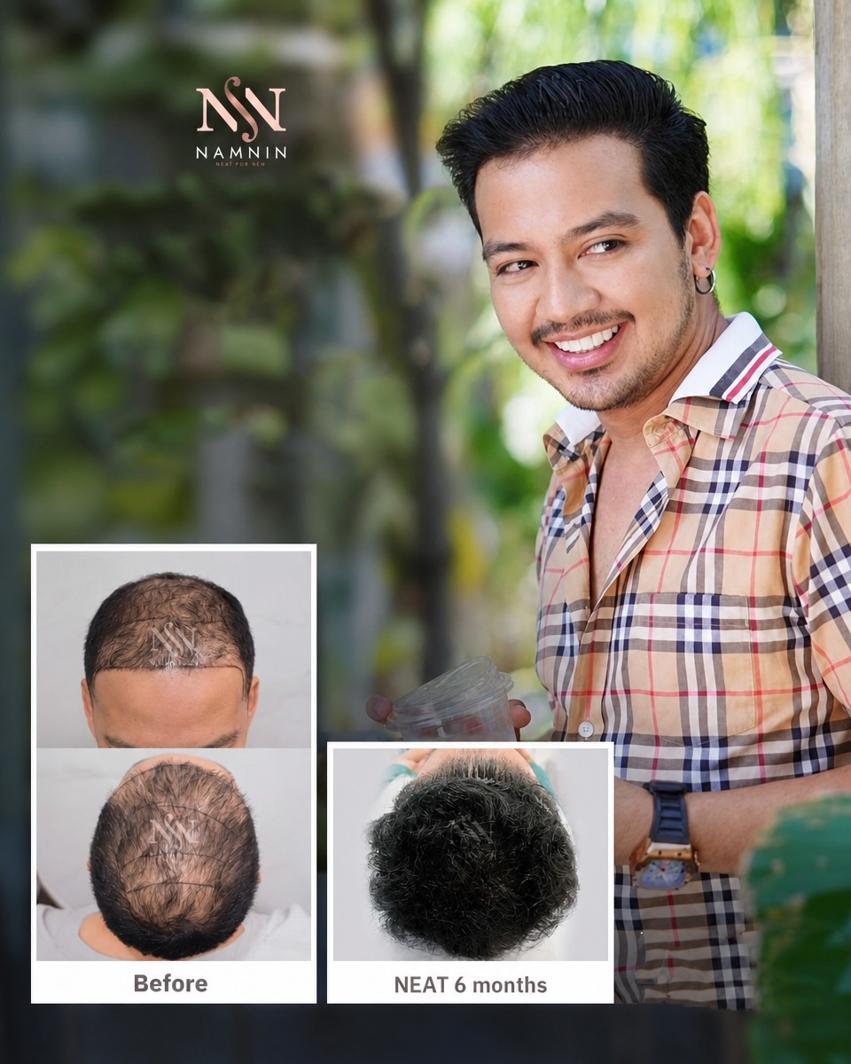 Before and after hair transplant results at Namninforv Clinic, fuller hair after 6 months
