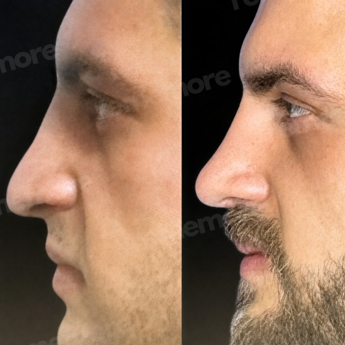 Before and after male rhinoplasty results at Memorial Şişli Hospital, improved nose profile