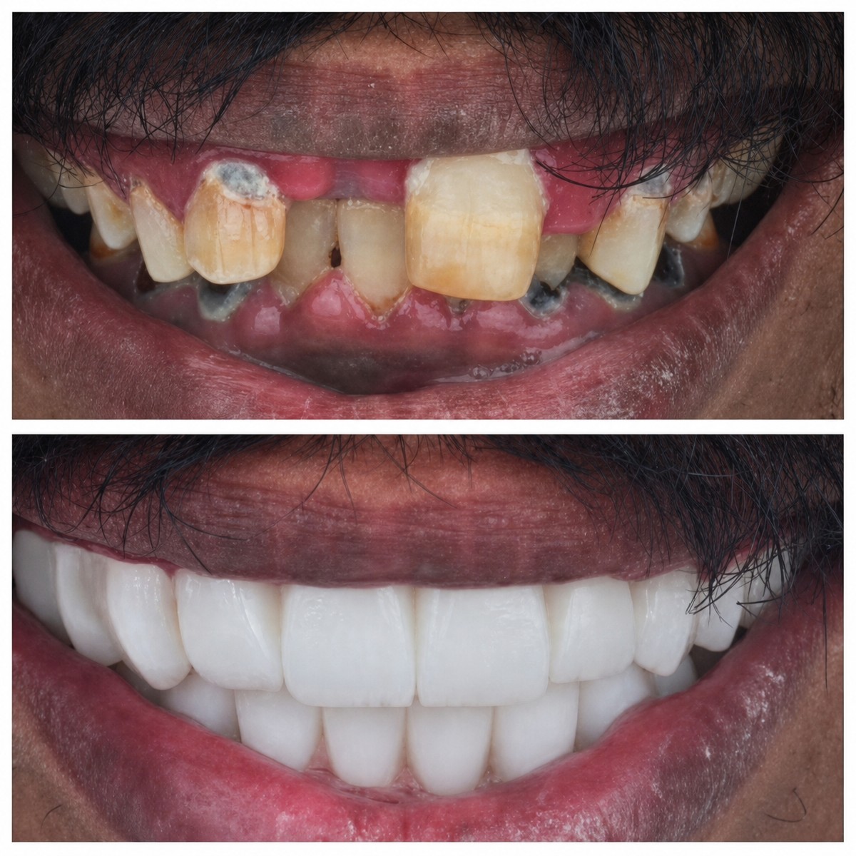 Resultados antes y después de implantes All-on-4 en Omara Dental Centers, restauración de sonrisa