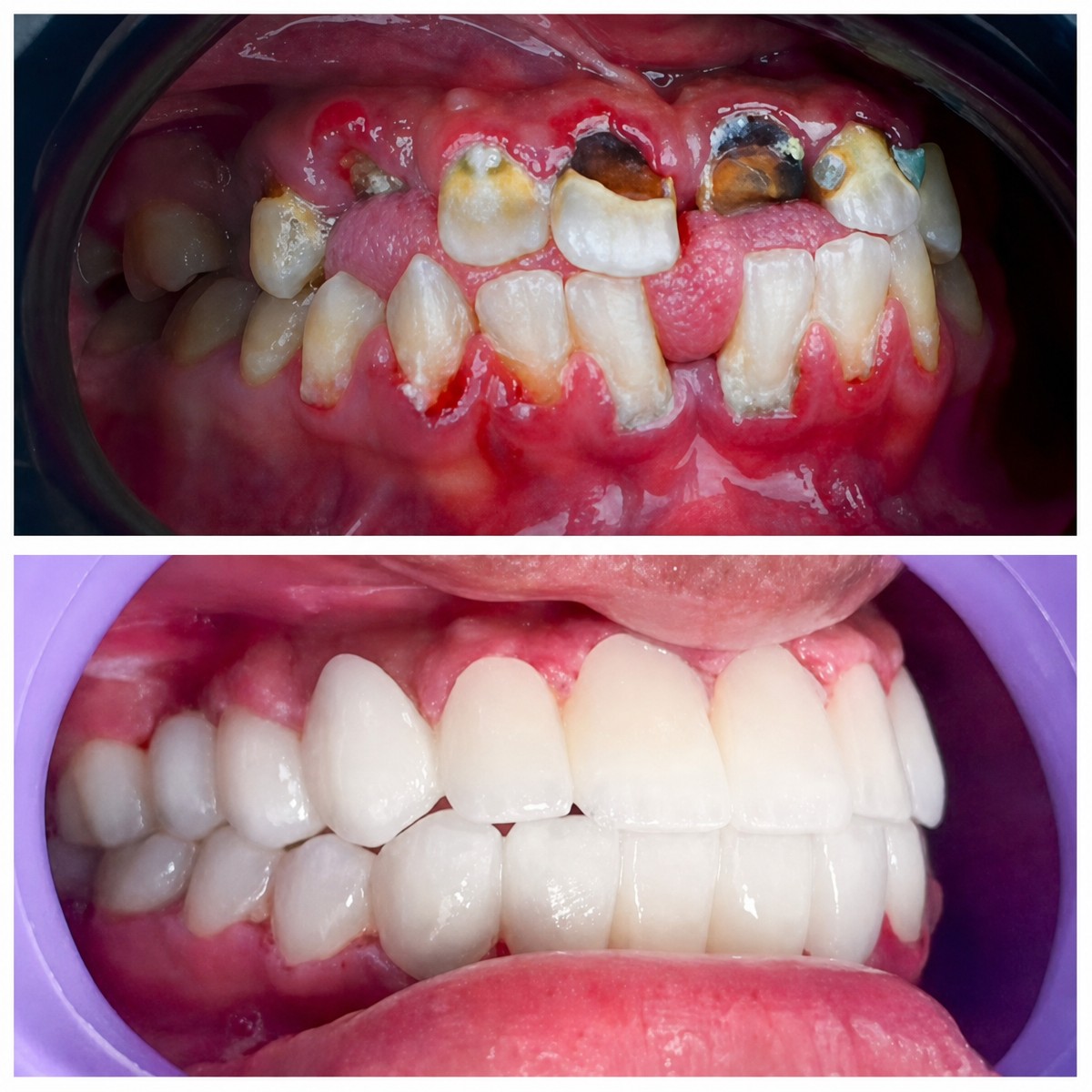 Efekt przed i po implantach All-on-4 w Omara Dental Centers, pełna odbudowa uśmiechu