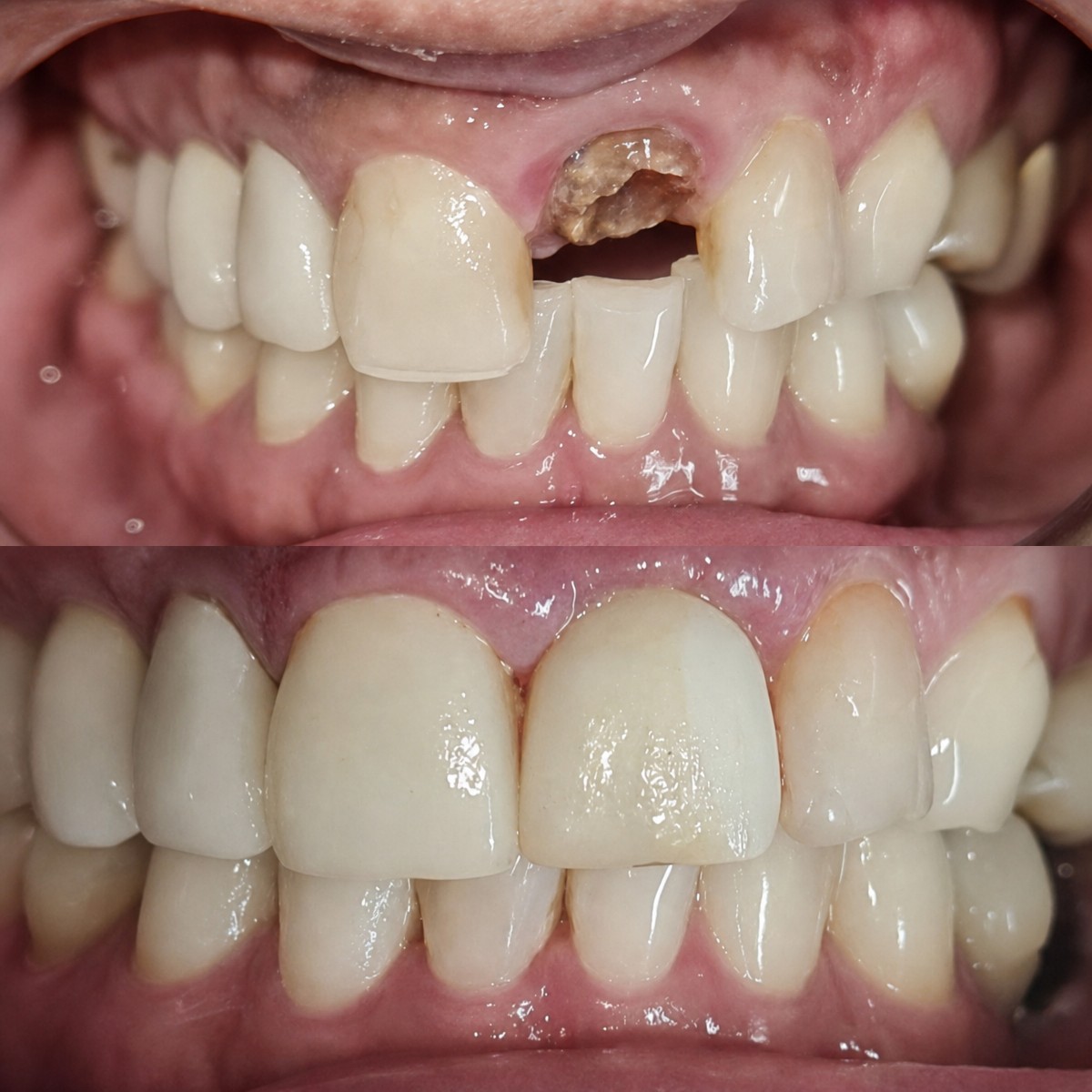 Before and after dental implant with abutment results at SoftDentalCare Clinic, restored smile