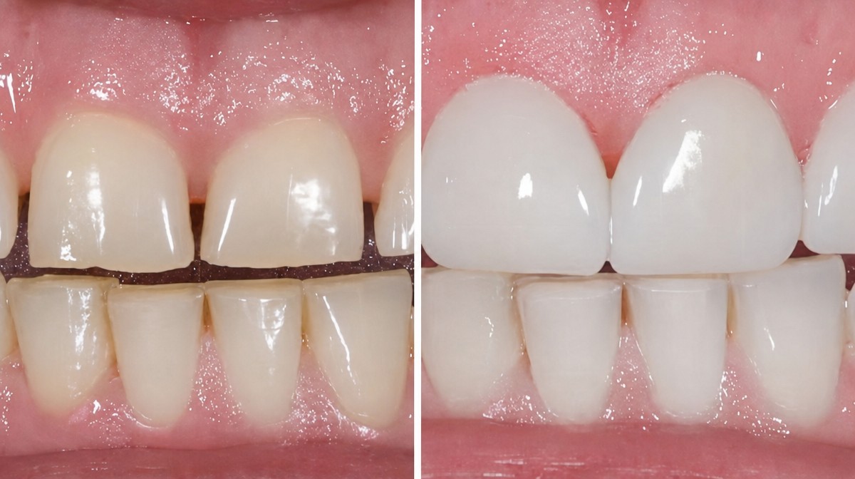 До та після встановлення цирконієвих коронок у Smile Centrum, помітне покращення усмішки