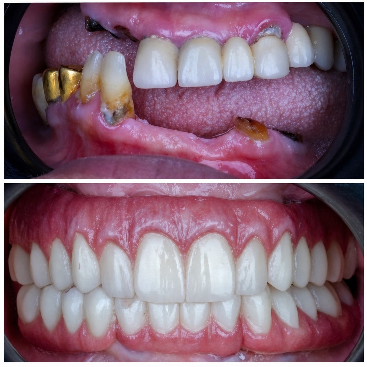 نتيجة قبل وبعد زراعة الأسنان All-on-4 في Omara Dental Centers، استعادة الابتسامة الكاملة