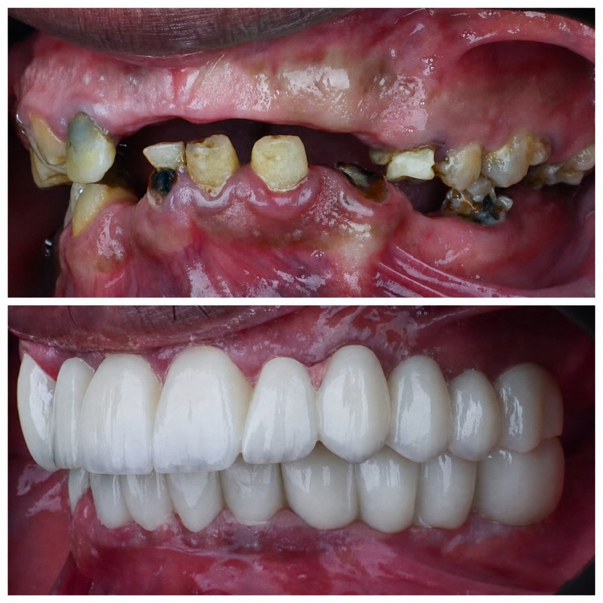 Результат до та після імплантації All-on-4 в Omara Dental Centers, повне відновлення усмішки