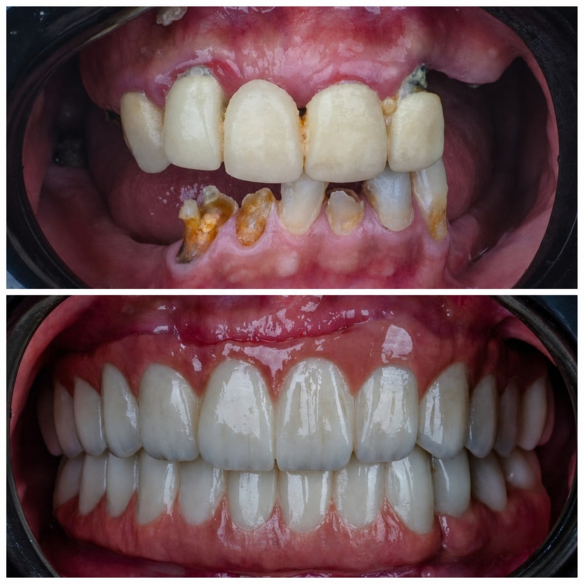 Resultado antes y después de implantes dentales All-on-6 en Omara Dental Centers, restauración total