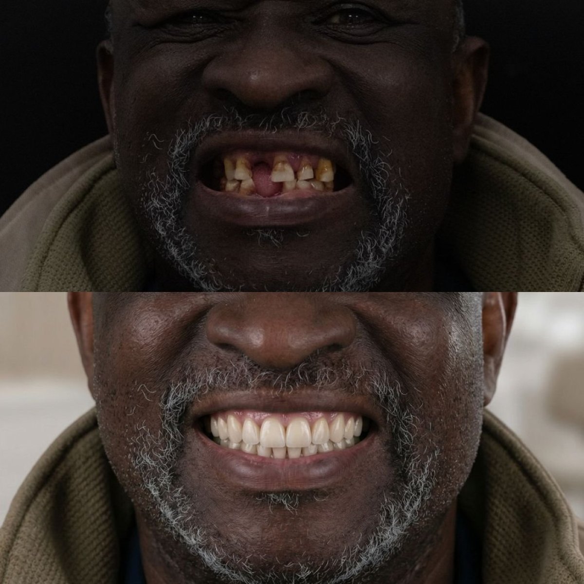 نتيجة قبل وبعد زراعة الأسنان All-on-4 في Excelentis Dental Center، استعادة الابتسامة