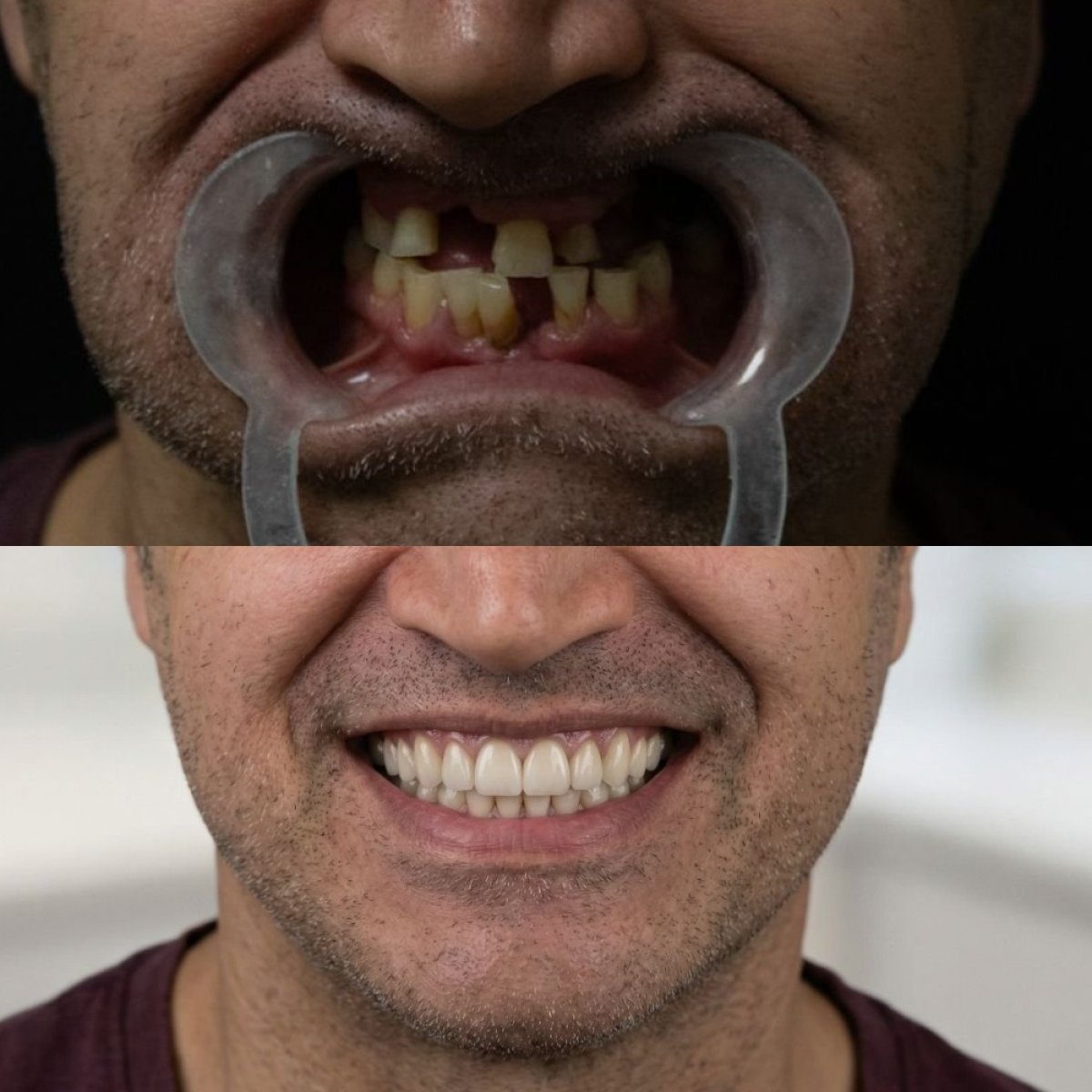 Resultados antes y después de implantes All-on-6 en Excelentis Dental Center, sonrisa restaurada