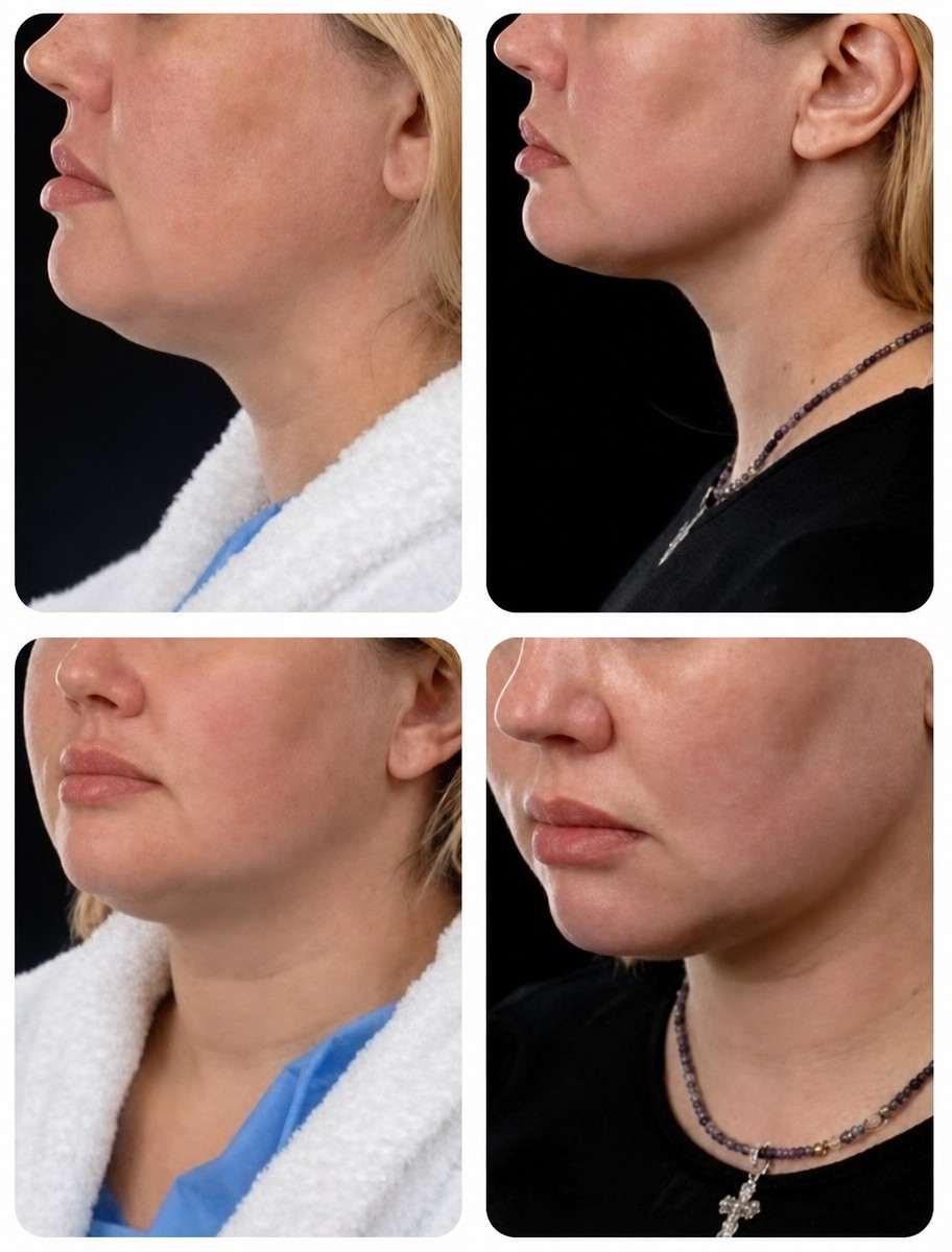 Resultados antes y después de liposucción de papada en Yurchenko Plastic Surgery Team, línea de mandíbula mejorada