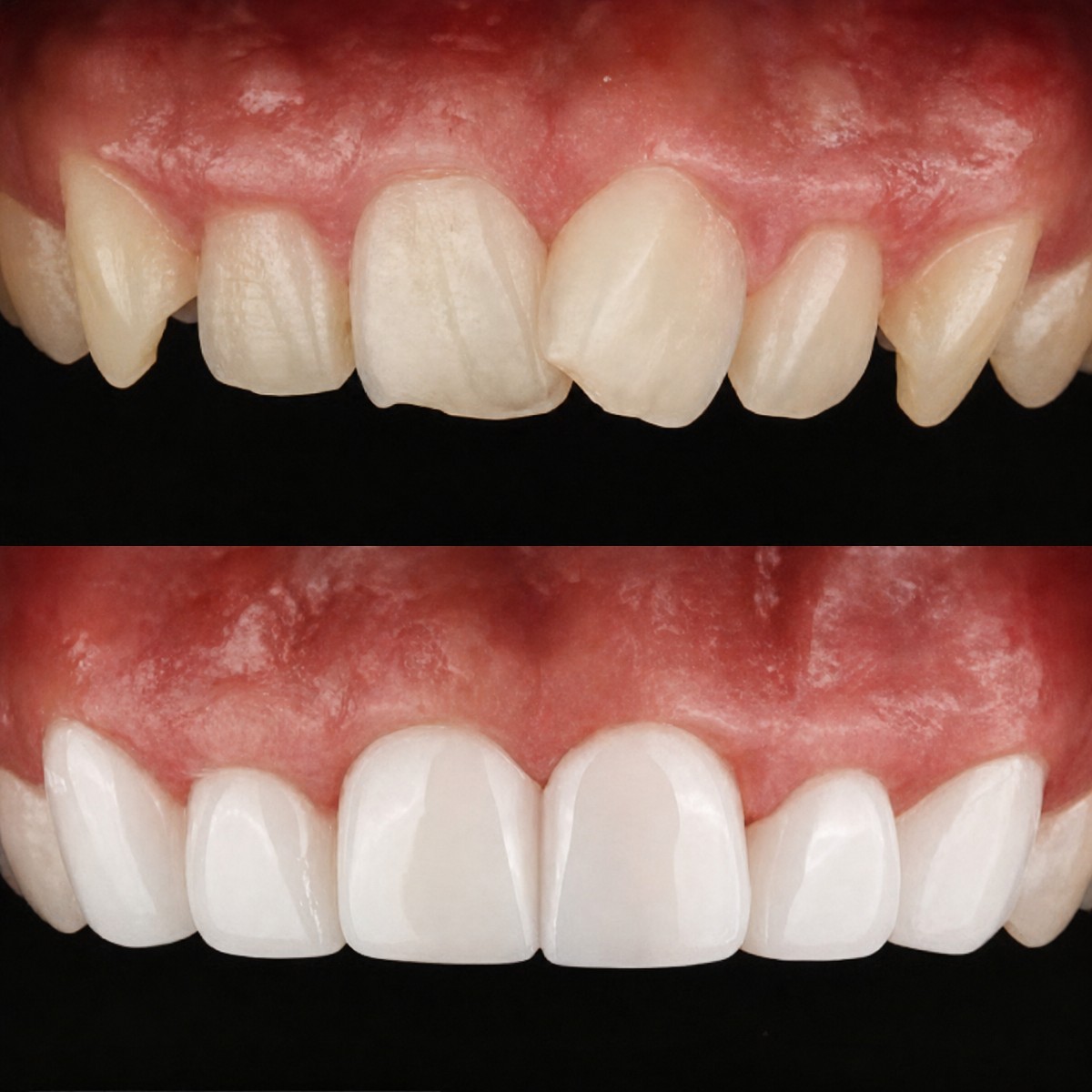 Antes y después de carillas dentales en 365SeoulOneTop365 Dental Clinic, resultados de sonrisa