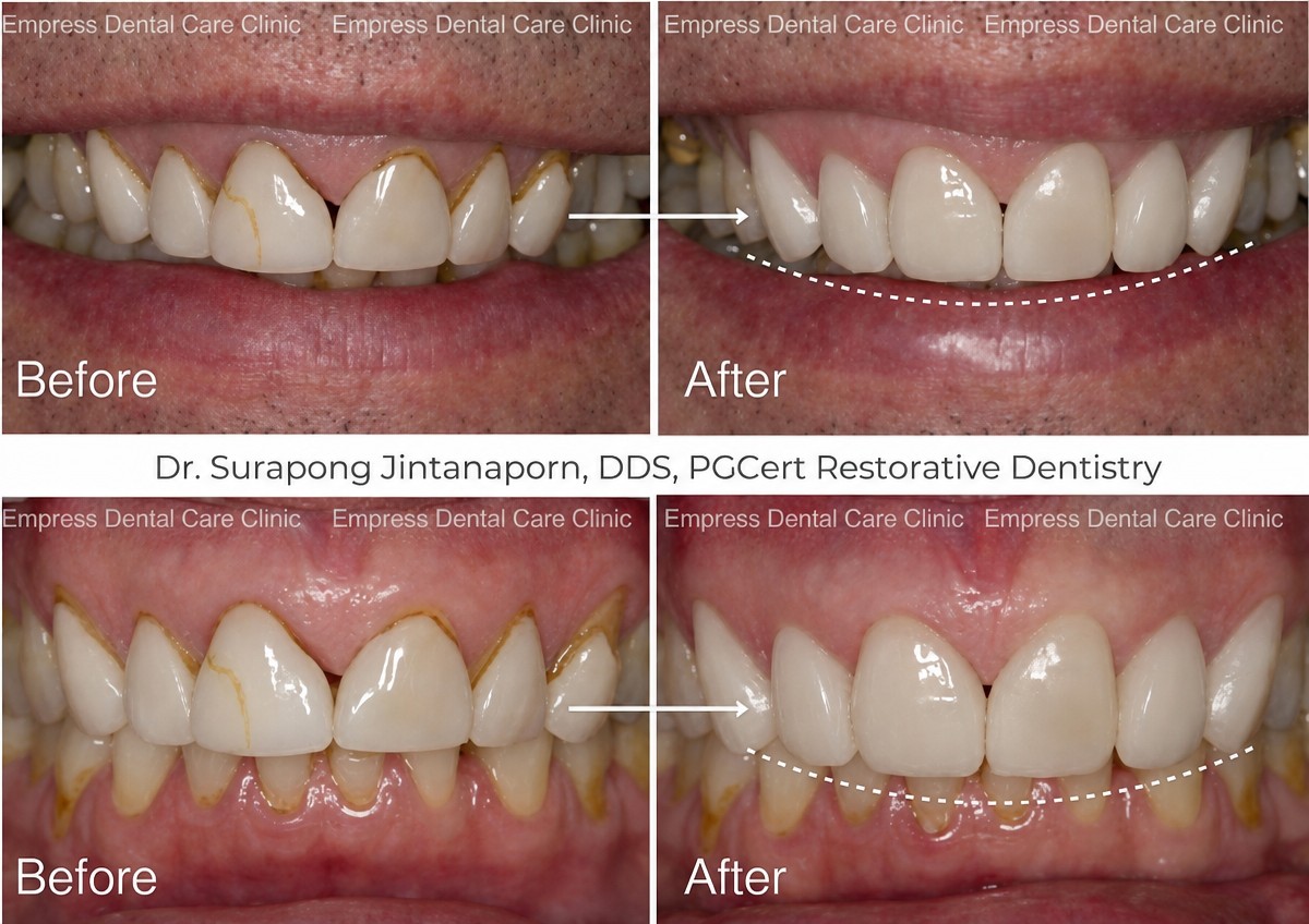Resultados antes y después de carillas de porcelana en Empress Dental – sonrisa mejorada