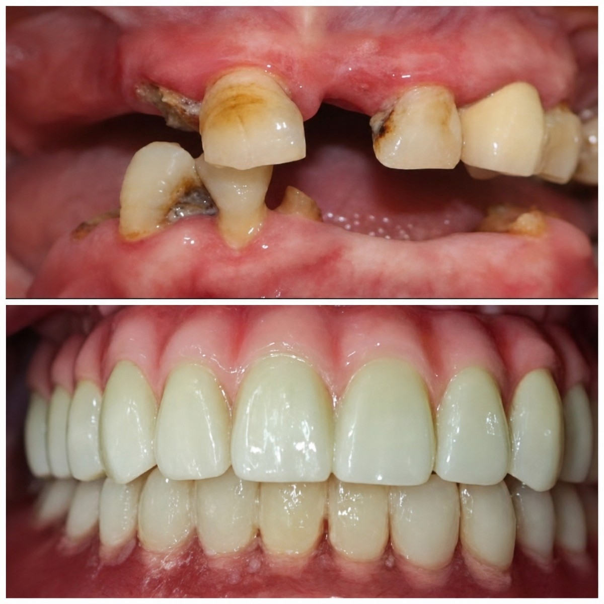 Before and after All-on-4 dental implants result – full smile restoration and improved teeth