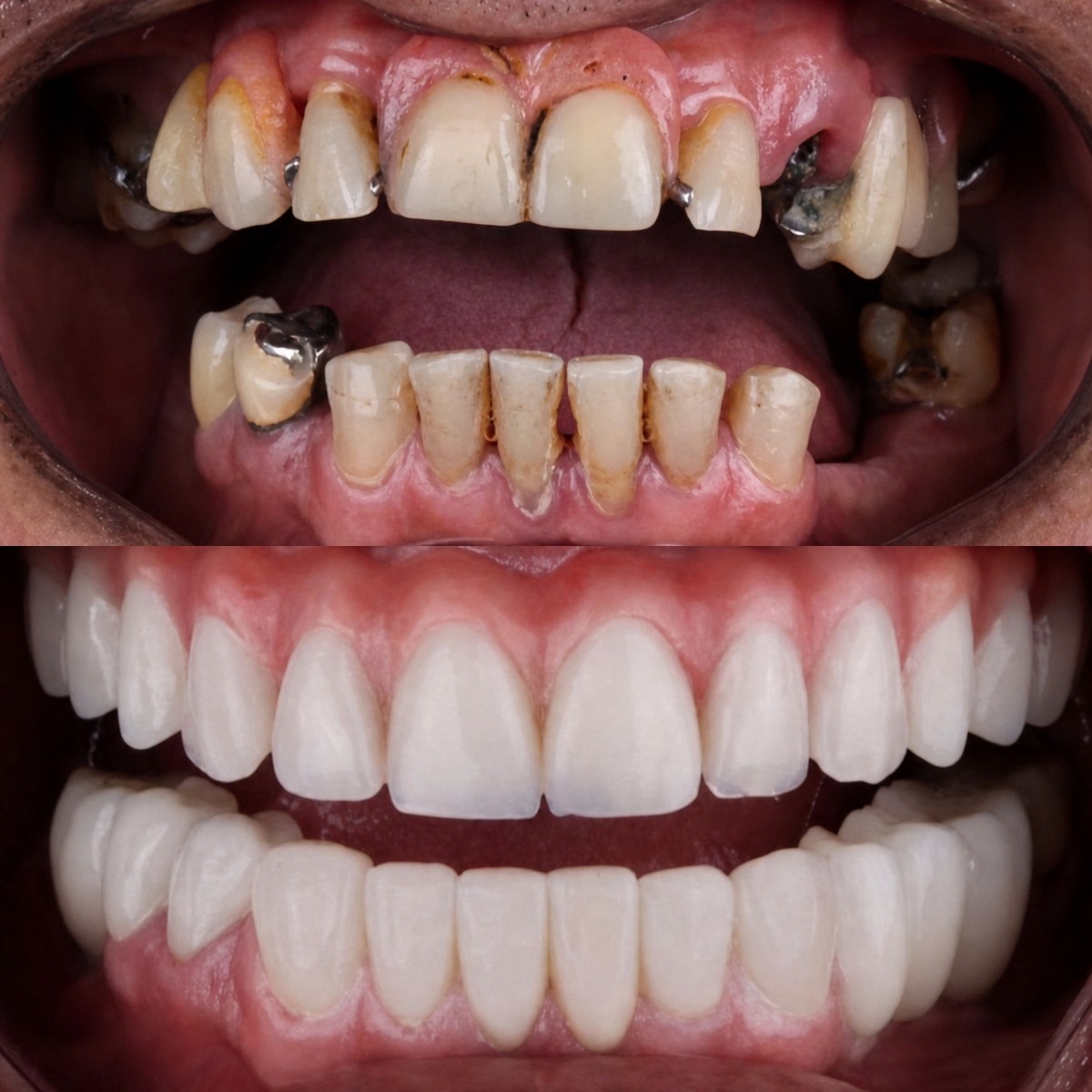 До та після встановлення зубних коронок у Dental Med Austria & Elixence, результат відновлення усмішки