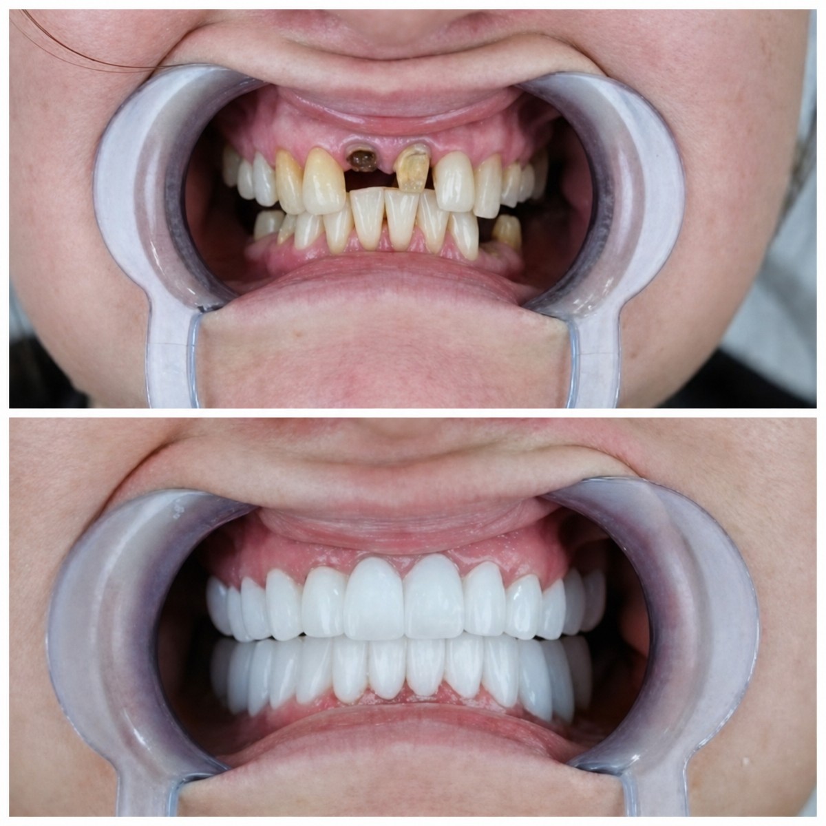 Before and after dental crown replacement at YEG Clinic, improved smile and tooth restoration result
