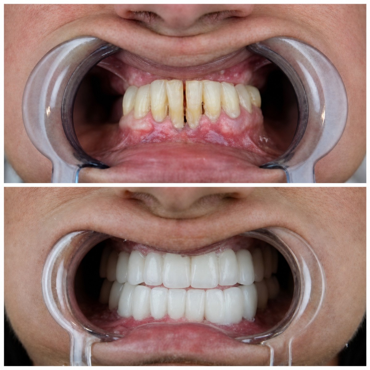 Before and after dental crown replacement results at YEG Clinic – improved smile aesthetics