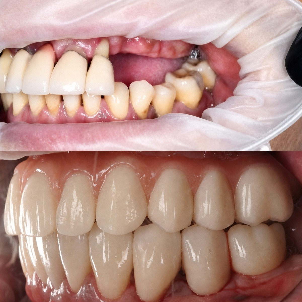 Resultados antes y después de implantes All-on-4 en RIKOTA Dental Clinic, sonrisa restaurada