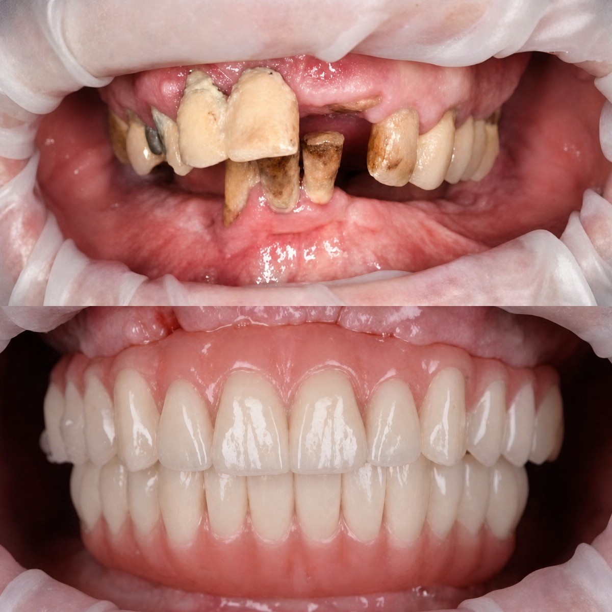 Before and after All-on-4 dental implants result at RIKOTA Dental Clinic, full smile restoration