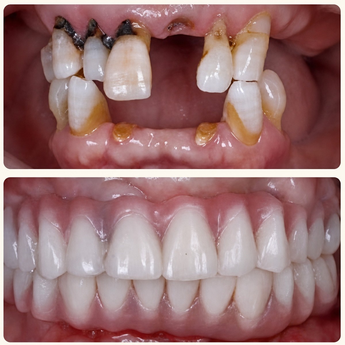 Resultados antes y después de implantes All-on-4 en Shanghai Y+bo Dental Clinic, restauración de sonrisa