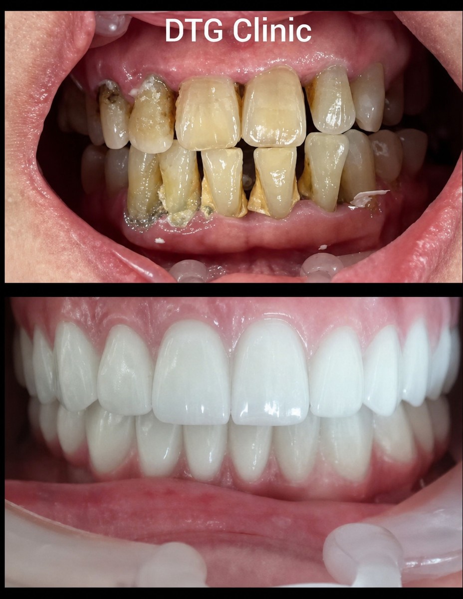 Smile makeover before and after results at DTG Clinic – dental restoration and whitening