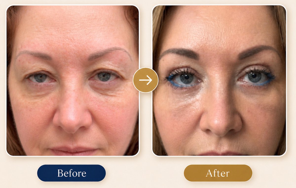 Before and after blepharoplasty results – eyelid correction with rejuvenated eye area