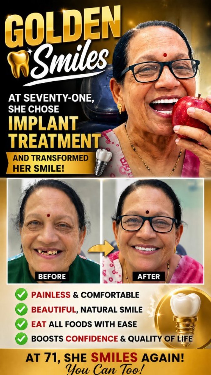 Before and after dental implant results for senior woman, smile transformation at 71 years old