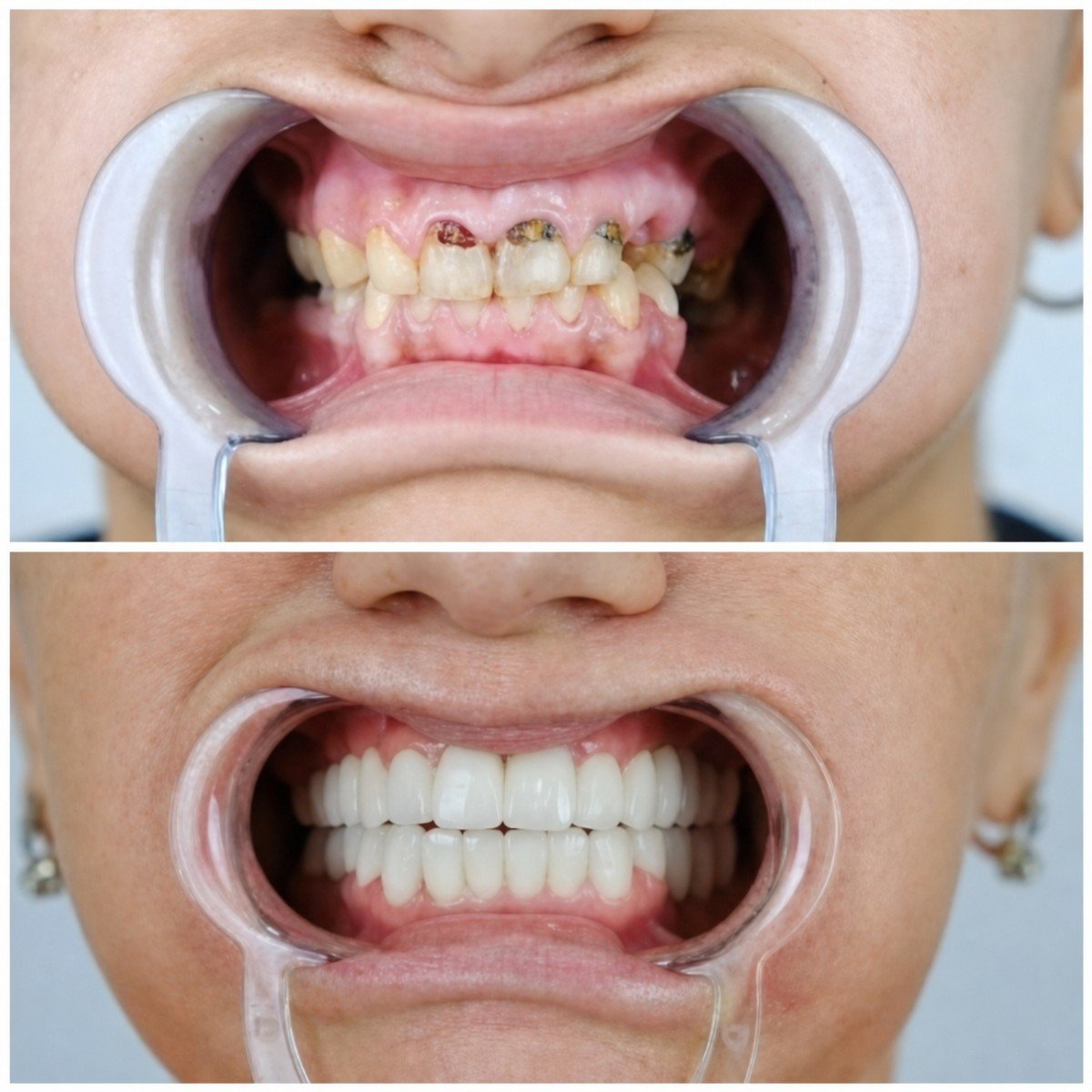 Before and after dental implant results at YEG Clinic – restored smile and healthy teeth