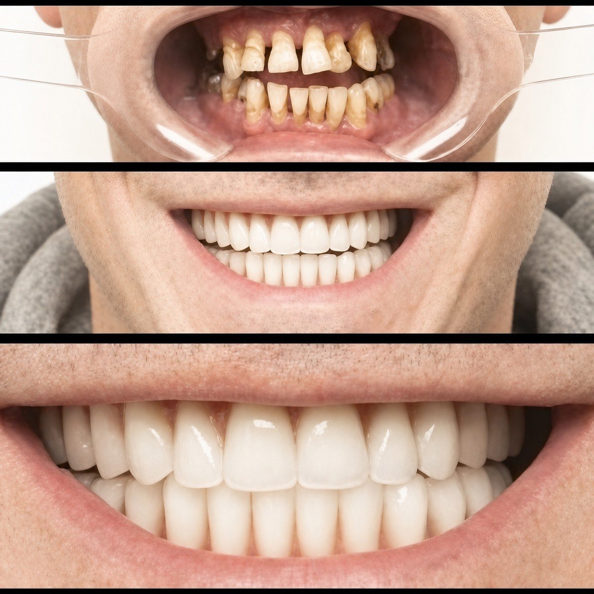 Before and after denture results at HALDENT Dental Clinic – restored smile and white teeth
