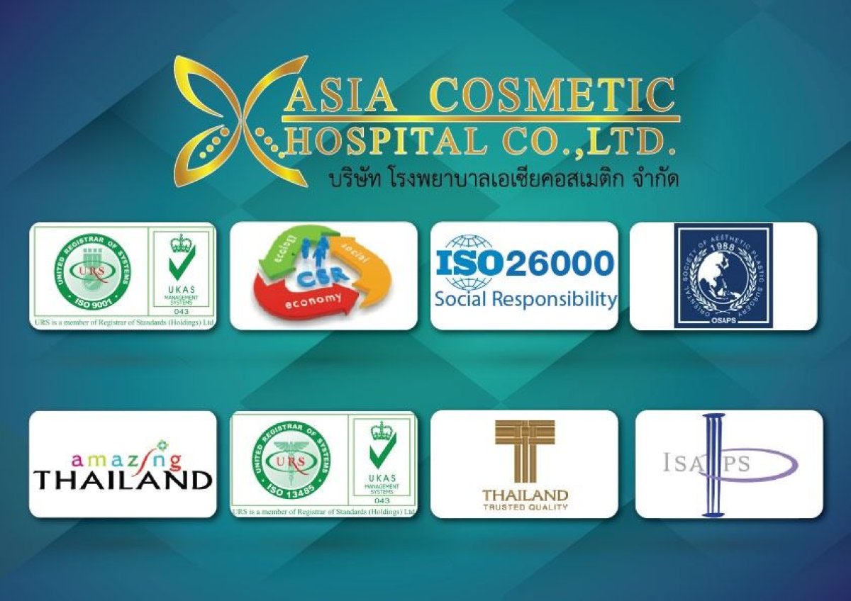 Asia Cosmetic Hospital certifications and awards, ISO, ISAPS, Thailand Trusted Quality logos shown