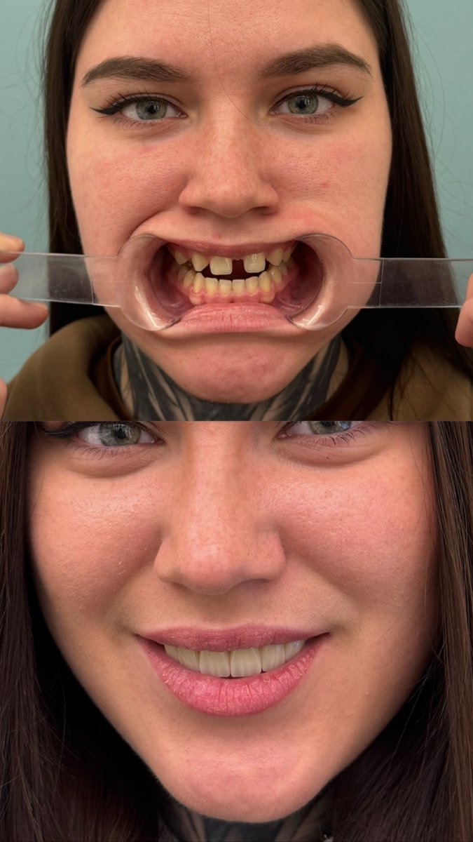 Resultados antes y después de implantes dentales en KLİNİKEN: sonrisa restaurada y dientes parejos