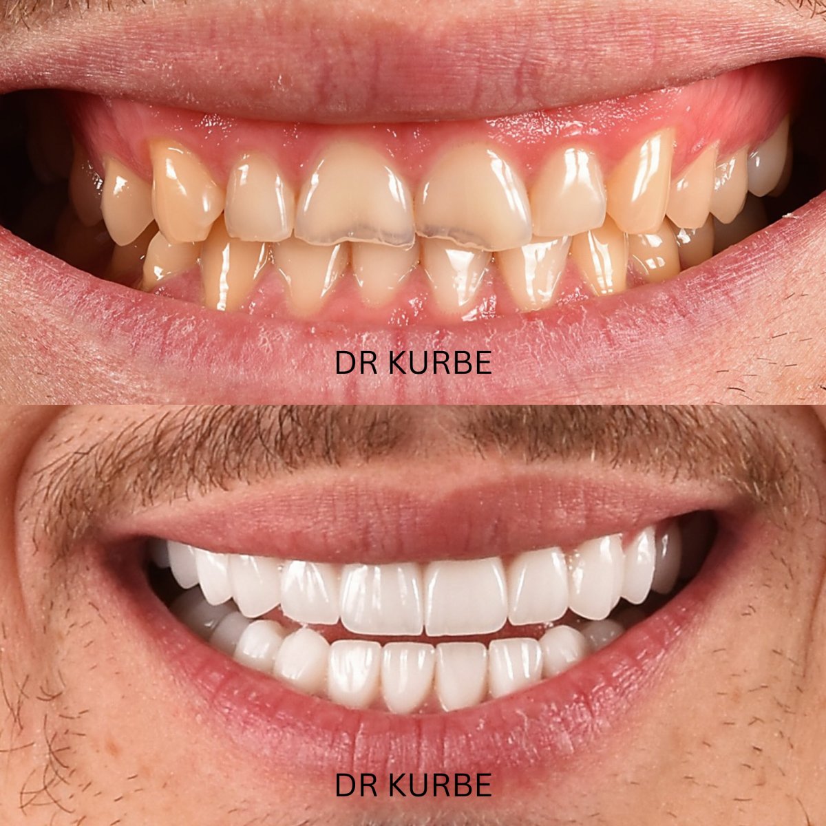 نتائج قبل وبعد ابتسامة هوليود في عيادة Dr Kurbe – تحول القشور الخزفية
