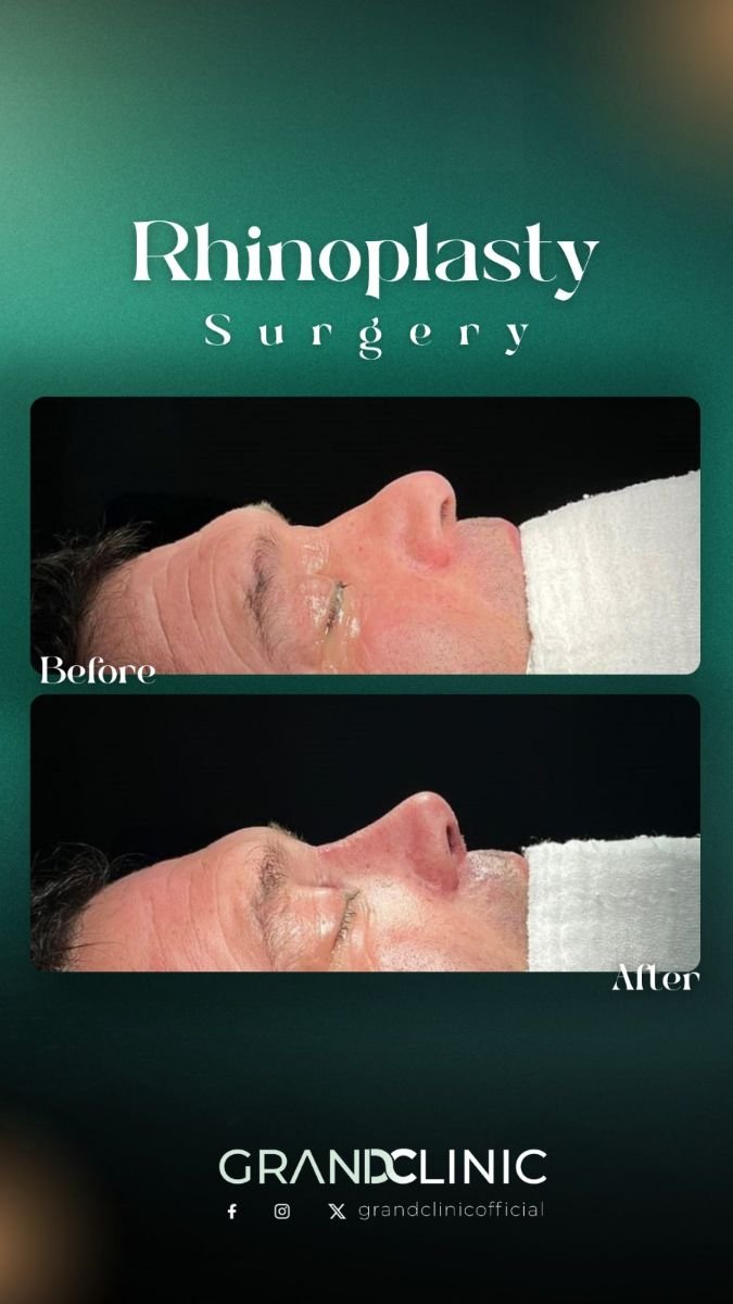 Before and after open rhinoplasty results at Grand Clinic, visible nose reshaping improvement