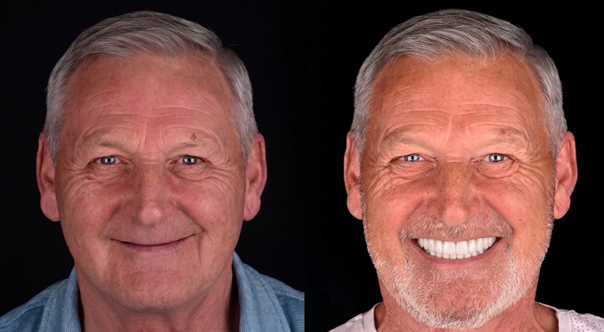 Before and after All-on-4 dental implants result – full smile restoration for male patient