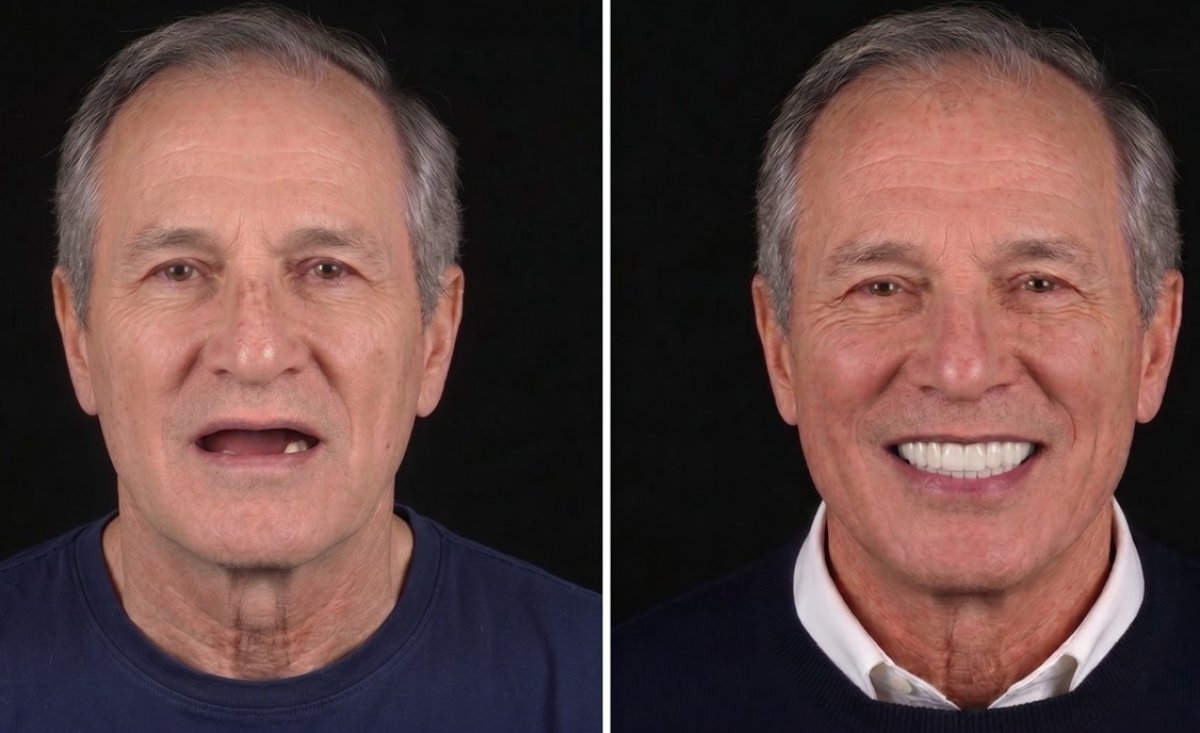 Before and after All-on-4 dental implants result – full smile restoration in male patient