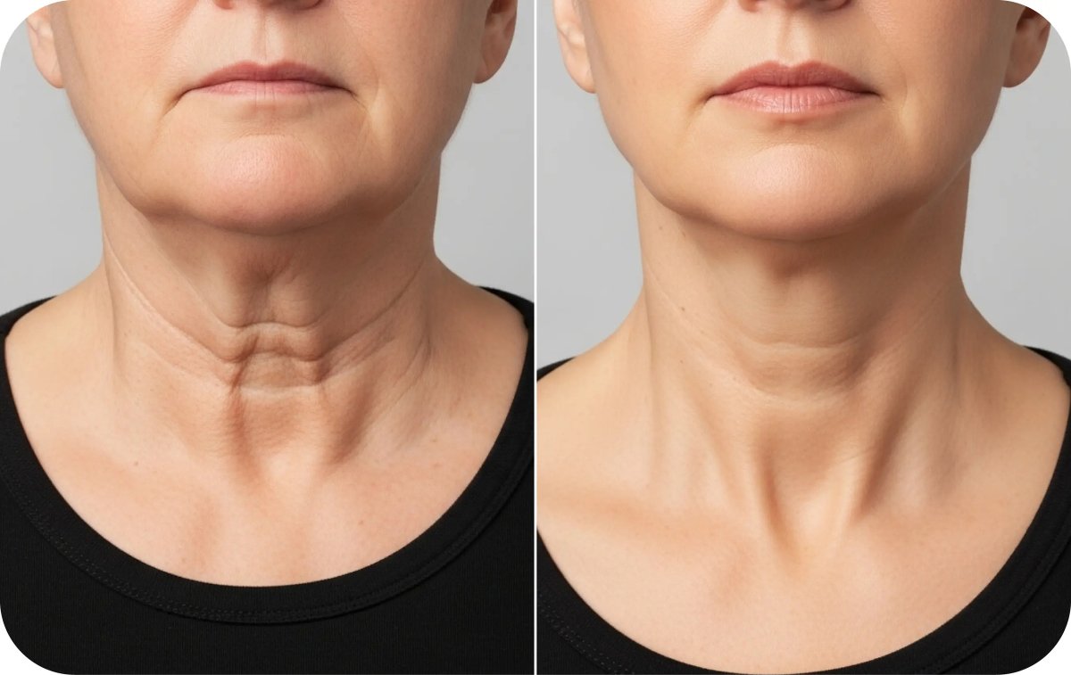 Before and after neck lift results – visible skin tightening and rejuvenation of neck area