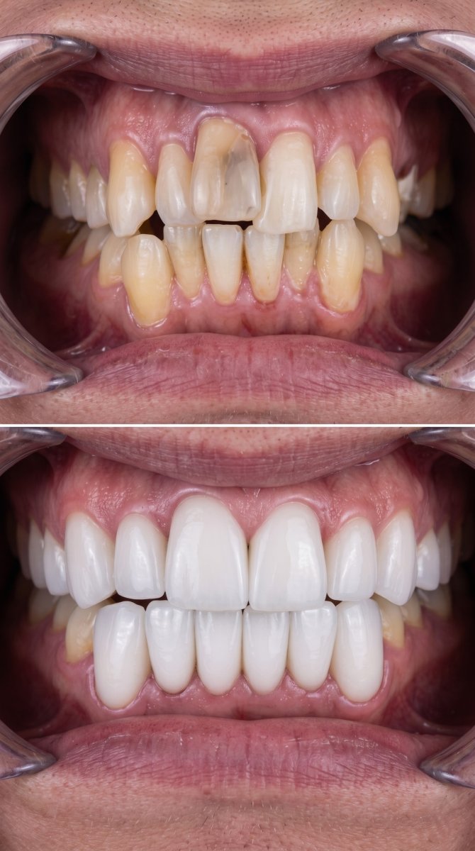 Before and after dental implant results – restored smile and whiter teeth transformation