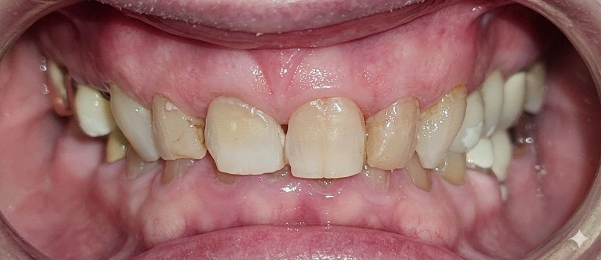 قبل تركيب تيجان الأسنان في SoftDentalCare Clinic، تصبغ وتآكل واضح للأسنان