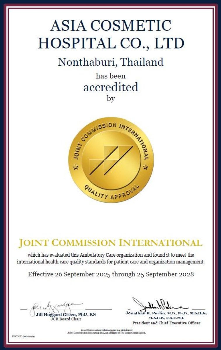 Certificado de acreditación JCI de Asia Cosmetic Hospital por estándares internacionales de calidad