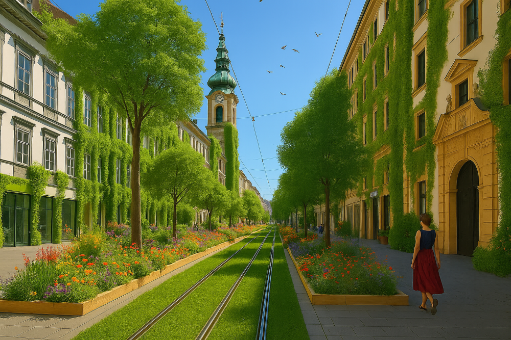 Begrünte Häuserzeile