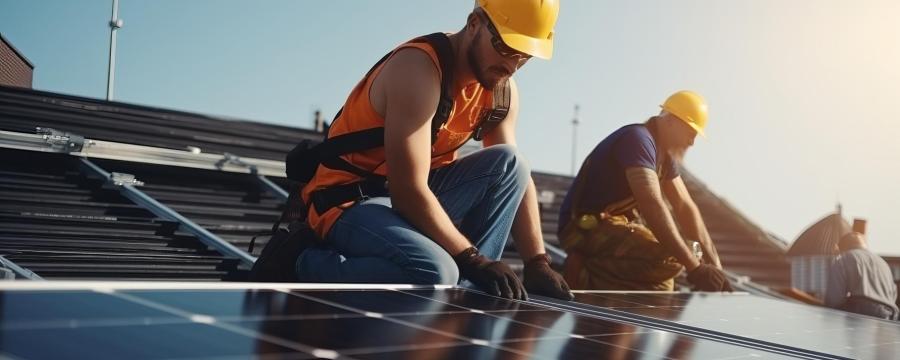 Arbeiter montieren eine Photovoltaikanlage auf einem Dach