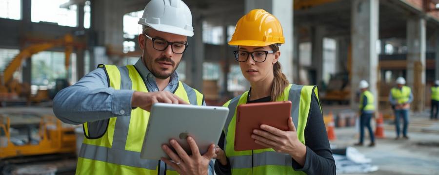 Bauleiter dokumentiert Baufortschritt auf einer Baustelle mit einem Tablet