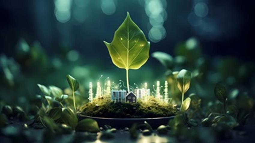 Grünes Blatt umgeben von Lichtquellen, dunkle Umgebung: Symbolbild für nachhaltige Energie